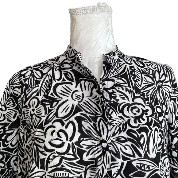 Laura Ashley Petite Black White 100% Linen Shirt Womens Sz PM Embroidered Loose - Picture 6 of 16